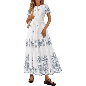 imagePRETTYGARDEN Boho Dresses for Women 2026 Summer Spring Casual Floral Short Sleeve V Neck Maxi Elastic Waist Dress PocketsWhite Blue Grey Flower