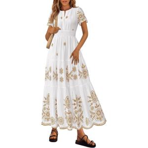 imagePRETTYGARDEN Boho Dresses for Women 2026 Summer Spring Casual Floral Short Sleeve V Neck Maxi Elastic Waist Dress PocketsWhite Khaki Flower