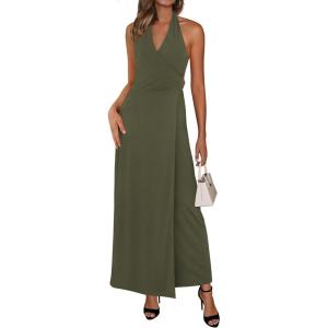 imagePRETTYGARDEN Holiday Cocktail Dresses for Women 2026 Summer Elegant V Neck Halter Backless Wedding Guest Party Midi DressArmy Green