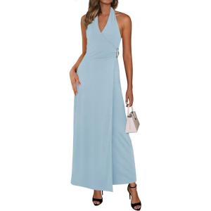 imagePRETTYGARDEN Holiday Cocktail Dresses for Women 2026 Summer Elegant V Neck Halter Backless Wedding Guest Party Midi DressBlue