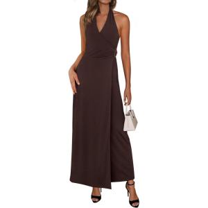 imagePRETTYGARDEN Holiday Cocktail Dresses for Women 2026 Summer Elegant V Neck Halter Backless Wedding Guest Party Midi DressBrown