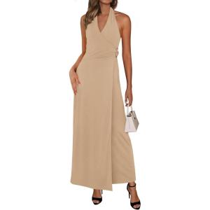 imagePRETTYGARDEN Holiday Cocktail Dresses for Women 2026 Summer Elegant V Neck Halter Backless Wedding Guest Party Midi DressKhaki