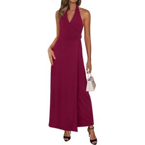 imagePRETTYGARDEN Holiday Cocktail Dresses for Women 2026 Summer Elegant V Neck Halter Backless Wedding Guest Party Midi DressWine Red