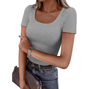 imagePRETTYGARDEN Short Sleeve Shirts for Women 2026 Summer Trendy Scoop Neck Ribbed Tops Spring Casual Slim Fitted Basic TeesGrey
