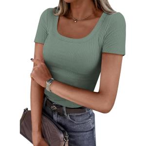 imagePRETTYGARDEN Short Sleeve Shirts for Women 2026 Summer Trendy Scoop Neck Ribbed Tops Spring Casual Slim Fitted Basic TeesSage Green
