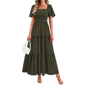 imagePRETTYGARDEN Summer Dresses for Women 2026 Boho Swiss Dot Smocked Square Neck Short Sleeve Spring Wedding Guest Maxi DressArmy Green