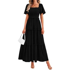 imagePRETTYGARDEN Summer Dresses for Women 2026 Boho Swiss Dot Smocked Square Neck Short Sleeve Spring Wedding Guest Maxi DressBlack