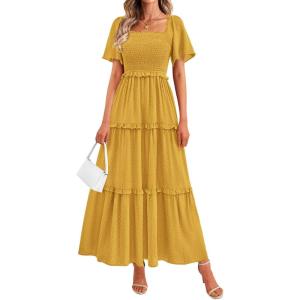 imagePRETTYGARDEN Summer Dresses for Women 2026 Boho Swiss Dot Smocked Square Neck Short Sleeve Spring Wedding Guest Maxi DressYellow