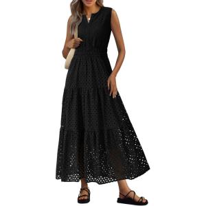 imagePRETTYGARDEN Summer Dresses for Women 2026 Sundresses Sleeveless V Neck Eyelet A Line Flowy Beach Vacation Spring Maxi DressBlack