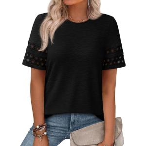 imagePRETTYGARDEN Summer Tops for Women 2026 Lace Short Sleeve TShirts Casual Blouses Spring Fashion Clothes Vacation OutfitsBlack