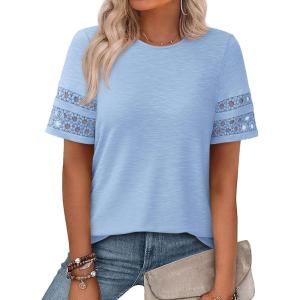 imagePRETTYGARDEN Summer Tops for Women 2026 Lace Short Sleeve TShirts Casual Blouses Spring Fashion Clothes Vacation OutfitsLight Blue