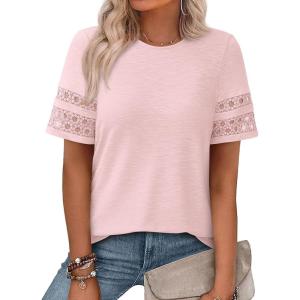 imagePRETTYGARDEN Summer Tops for Women 2026 Lace Short Sleeve TShirts Casual Blouses Spring Fashion Clothes Vacation OutfitsPink