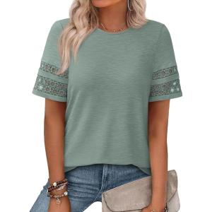 imagePRETTYGARDEN Summer Tops for Women 2026 Lace Short Sleeve TShirts Casual Blouses Spring Fashion Clothes Vacation OutfitsSage Green