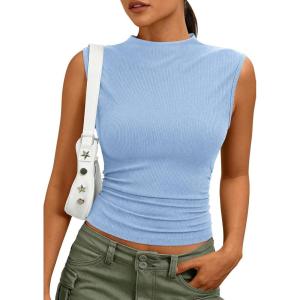 imagePRETTYGARDEN Tank Tops for Women 2026 Summer Mock Neck Ribbed Knit Slim Fitted Shirts Going Out Top Spring Fashion ClothesLight Blue