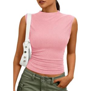 imagePRETTYGARDEN Tank Tops for Women 2026 Summer Mock Neck Ribbed Knit Slim Fitted Shirts Going Out Top Spring Fashion ClothesPink