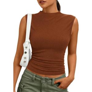 imagePRETTYGARDEN Tank Tops for Women 2026 Summer Mock Neck Ribbed Knit Slim Fitted Shirts Going Out Top Spring Fashion ClothesRed Brown