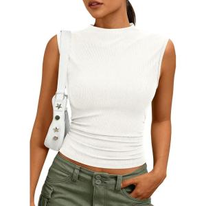 imagePRETTYGARDEN Tank Tops for Women 2026 Summer Mock Neck Ribbed Knit Slim Fitted Shirts Going Out Top Spring Fashion ClothesWhite