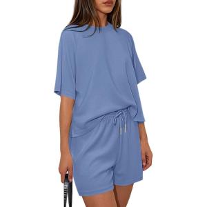 imagePRETTYGARDEN Women 2 Piece Lounge Sets Short Sleeve Shirts Workout Tops Shorts Matching Clothing 2026 Summer Vacation OutfitsDusty Blue