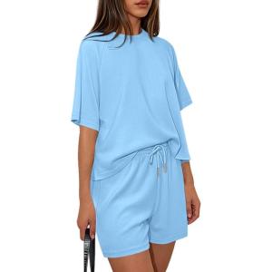 imagePRETTYGARDEN Women 2 Piece Lounge Sets Short Sleeve Shirts Workout Tops Shorts Matching Clothing 2026 Summer Vacation OutfitsLight Blue
