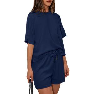 imagePRETTYGARDEN Women 2 Piece Lounge Sets Short Sleeve Shirts Workout Tops Shorts Matching Clothing 2026 Summer Vacation OutfitsNavy Blue