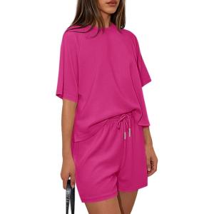 imagePRETTYGARDEN Women 2 Piece Lounge Sets Short Sleeve Shirts Workout Tops Shorts Matching Clothing 2026 Summer Vacation OutfitsRose Red