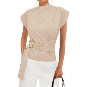 imagePRETTYGARDEN Women Blouses Spring Dressy Cap Sleeve Mock Neck Work Shirts Buckle Tunic Summer Business Casual Tops 2026Beige