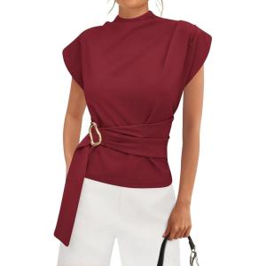 imagePRETTYGARDEN Women Blouses Spring Dressy Cap Sleeve Mock Neck Work Shirts Buckle Tunic Summer Business Casual Tops 2026Burgundy