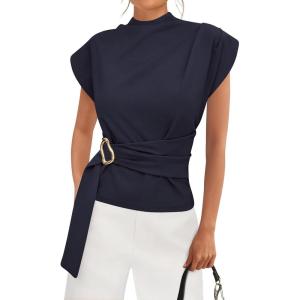 imagePRETTYGARDEN Women Blouses Spring Dressy Cap Sleeve Mock Neck Work Shirts Buckle Tunic Summer Business Casual Tops 2026Navy Blue