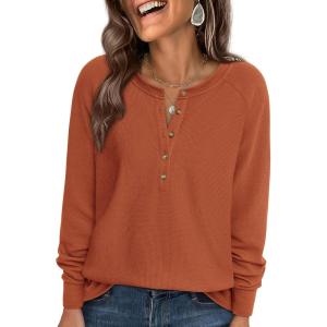 imagePRETTYGARDEN Women Long Sleeve Waffle Knit Shirts 2026 Fall Casual Button V Neck Loose Henley Tops Basic Tees Winter ClothesBurnt Orange