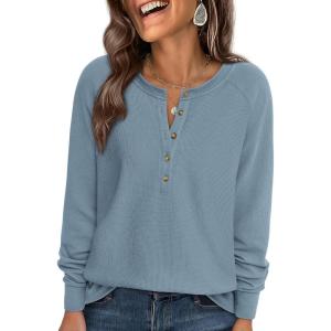 imagePRETTYGARDEN Women Long Sleeve Waffle Knit Shirts 2026 Fall Casual Button V Neck Loose Henley Tops Basic Tees Winter ClothesDusty Blue