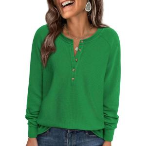 imagePRETTYGARDEN Women Long Sleeve Waffle Knit Shirts 2026 Fall Casual Button V Neck Loose Henley Tops Basic Tees Winter ClothesGreen