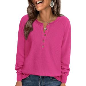 imagePRETTYGARDEN Women Long Sleeve Waffle Knit Shirts 2026 Fall Casual Button V Neck Loose Henley Tops Basic Tees Winter ClothesHot Pink