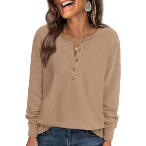 imagePRETTYGARDEN Women Long Sleeve Waffle Knit Shirts 2026 Fall Casual Button V Neck Loose Henley Tops Basic Tees Winter ClothesKhaki
