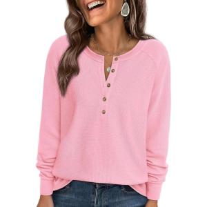 imagePRETTYGARDEN Women Long Sleeve Waffle Knit Shirts 2026 Fall Casual Button V Neck Loose Henley Tops Basic Tees Winter ClothesLight Pink