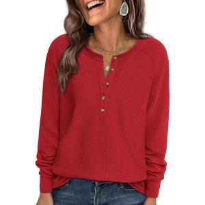 imagePRETTYGARDEN Women Long Sleeve Waffle Knit Shirts 2026 Fall Casual Button V Neck Loose Henley Tops Basic Tees Winter ClothesRed