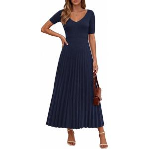 imagePRETTYGARDEN Womens 2026 Spring Midi Sweater Dresses Elegant Pleated Ribbed Knit Short Sleeve V Neck A Line Summer OutfitsNavy Blue