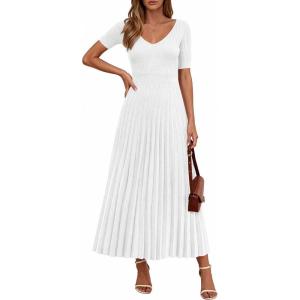 imagePRETTYGARDEN Womens 2026 Spring Midi Sweater Dresses Elegant Pleated Ribbed Knit Short Sleeve V Neck A Line Summer OutfitsWhite
