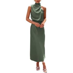 imagePRETTYGARDEN Womens 2026 Summer Satin Dress Elegant Sleeveless Mock Neck Cocktail Party Maxi DressesArmy Green