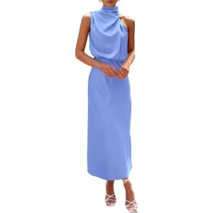 imagePRETTYGARDEN Womens 2026 Summer Satin Dress Elegant Sleeveless Mock Neck Cocktail Party Maxi DressesBlue