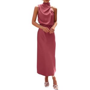 imagePRETTYGARDEN Womens 2026 Summer Satin Dress Elegant Sleeveless Mock Neck Cocktail Party Maxi DressesBrick Red