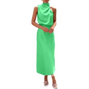 imagePRETTYGARDEN Womens 2026 Summer Satin Dress Elegant Sleeveless Mock Neck Cocktail Party Maxi DressesGrass Green