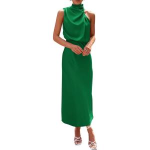 imagePRETTYGARDEN Womens 2026 Summer Satin Dress Elegant Sleeveless Mock Neck Cocktail Party Maxi DressesGreen