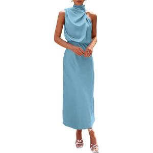 imagePRETTYGARDEN Womens 2026 Summer Satin Dress Elegant Sleeveless Mock Neck Cocktail Party Maxi DressesLight Blue