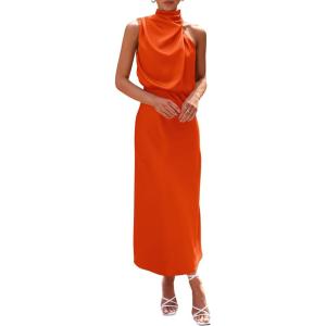 imagePRETTYGARDEN Womens 2026 Summer Satin Dress Elegant Sleeveless Mock Neck Cocktail Party Maxi DressesOrange
