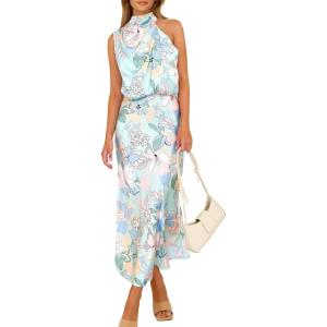 imagePRETTYGARDEN Womens 2026 Summer Satin Dress Elegant Sleeveless Mock Neck Cocktail Party Maxi DressesPrint Blue