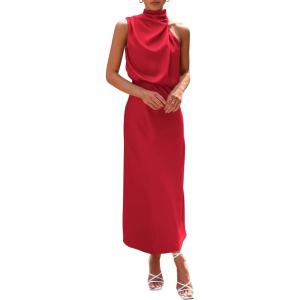 imagePRETTYGARDEN Womens 2026 Summer Satin Dress Elegant Sleeveless Mock Neck Cocktail Party Maxi DressesRed