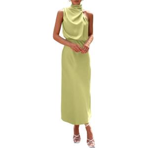 imagePRETTYGARDEN Womens 2026 Summer Satin Dress Elegant Sleeveless Mock Neck Cocktail Party Maxi DressesTender Green