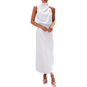 imagePRETTYGARDEN Womens 2026 Summer Satin Dress Elegant Sleeveless Mock Neck Cocktail Party Maxi DressesWhite