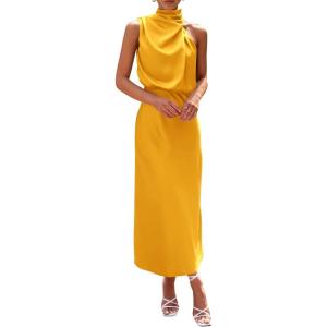 imagePRETTYGARDEN Womens 2026 Summer Satin Dress Elegant Sleeveless Mock Neck Cocktail Party Maxi DressesYellow