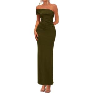 imagePRETTYGARDEN Womens 2026 Wedding Guest Cocktail Dresses One Off The Shoulder Ruched Bodycon Formal Maxi Party Summer OutfitsArmy Green